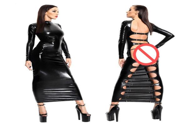 Abito lungo in ecopelle nera da donna Bondage sexy Clubwear aperto sul retro Abito scollato Pole Dance Wear3941301