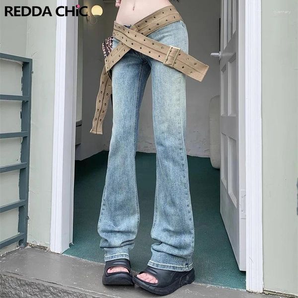 Jeans da donna REDDACHiC Vintage vita bassa svasata per donna Cinture incrociate in tela Pantaloni bootcut in denim Pantaloni anni '90 Retro Y2k Streetwear