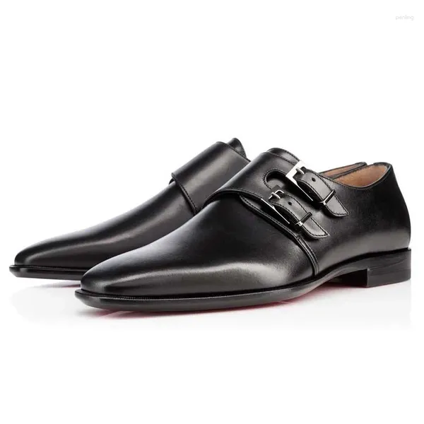 Sapatos de vestido homens preto brilhante couro genuíno duplo cinto fivela design luxo mocassins homem clássico negócios casamento escritório