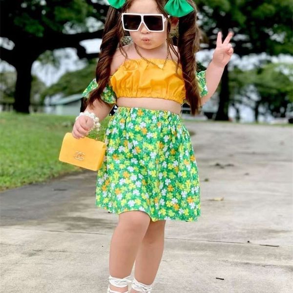 Roupas infantis verão novo vestido bebê conjunto de cintura alta ocidental meninas pequenas flores fragmentadas super fofas