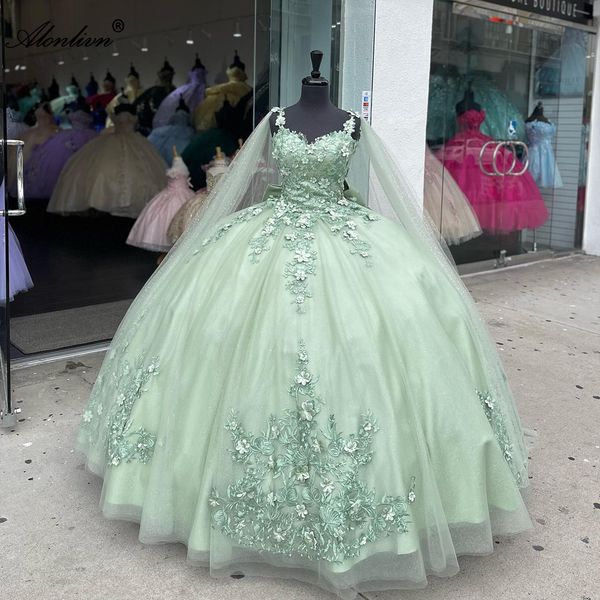 Elegante cintas de espaguete querida vestido de baile quinceanera vestidos beading pérolas 3d apliques rendas baile de formatura festa de aniversário pageant vestido com envoltório