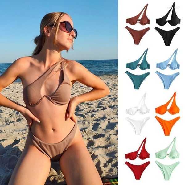 Mulheres Swimwear Sexy Micro Bikini Mulheres Verão Um Ombro Neon High Cut Conjunto Brasileiro Push Up Natação Terno Maiô