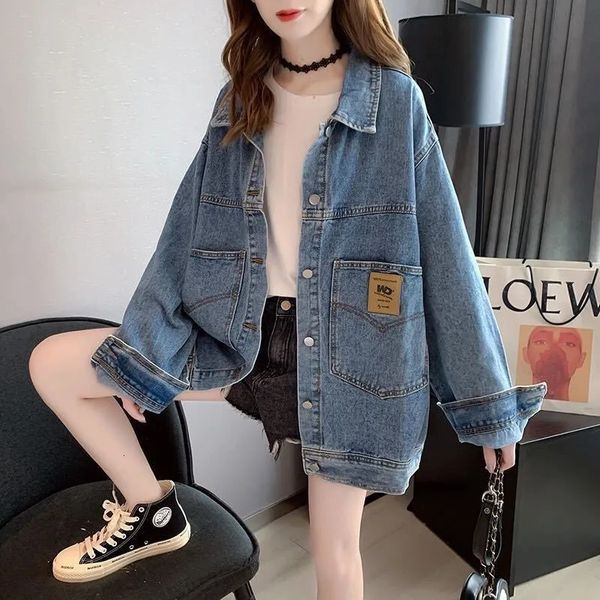 Chic demin jaquetas para mulheres vintage simples denim coreano faculdade meninas básico jean jaqueta elegante turndown colarinho senhoras outwear 240319