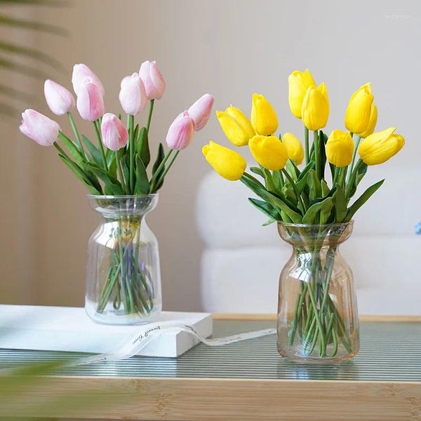 Dekorative Blumen Simulation Real Touch PU Tulpen Arrangement Blumensträuße für Home Office Dekor Braut Brautjungfern Hochzeit Mittelstücke