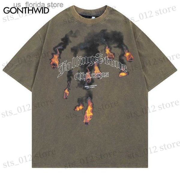 T-shirt da uomo T-shirt da uomo Hip Hop Vintage Tshirt Uomo Flame Stone Lettera Stampa Punk Gotico Lavato T Shirt Strtwear 2023 Harajuku Moda Cotton T Top T230512 Y240402