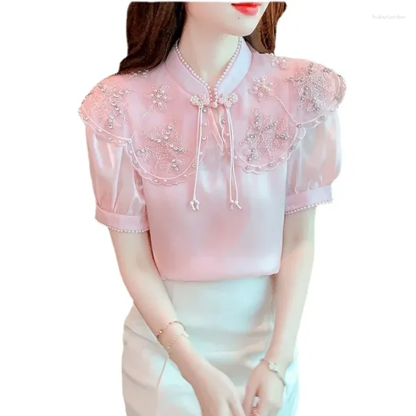 Женские блузки, рубашка с коротким рукавом и вышивкой в китайском стиле, летняя атласная блузка 2024, элегантный топ, пышные блузки