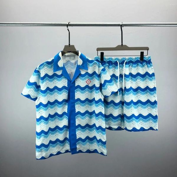 Männer Casual Hemden Hohe Qualität Streetwear CA Sommer Kurzarm Shirt Set Für Männer Shorts Strand Hosen Blau Welle drucken Design
