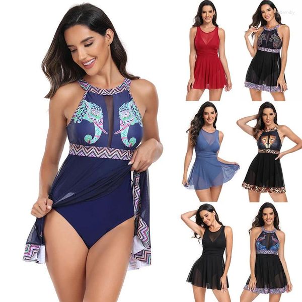 Damenbadebekleidung 2024 EST Damen Sexy Mesh Patchwork Tankini Bikini Plissee Schwimmrock Kleid Badeanzug Biquini Famale High Neck