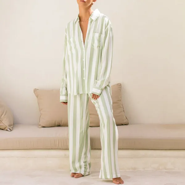 Startseite Kleidung Hirigin Damen-Pyjama-Set, gestreift, langärmelig, Hemd, Oberteil, elastisch, weit, lockere Hose, Y2K, 2-teilig, lässige Lounge-Nachtwäsche, Nachtwäsche