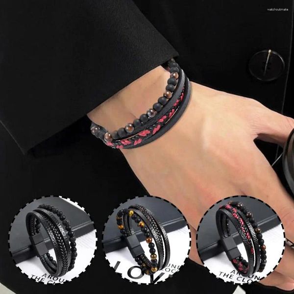 Braccialetti con ciondoli Bracciale in pelle nera Classica tessitura di ossidiana Corda a mano multistrato intrecciata retrò per uomo Gioielli regalo X9H2