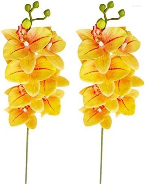 Flores decorativas 2pcs Touch real Phalaenopsis Orchids Spray Silk Wedding Faux Stems Home Table Decor (Amarelo)