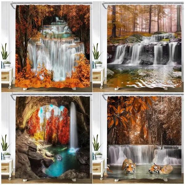 Duschvorhänge, Herbst, Wasserfall, Landschaft, Wald, Ahorn, rote Blätter, Pflanze, wilder Tiger, Herbst, Natur, Landschaft, Stoff, Badezimmer-Dekor-Set