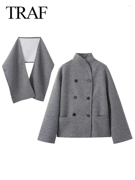 Giacche da donna Autunno Moda donna Sciarpa Colletto Manica lunga Giacca grigia vintage Cappotto doppiopetto Casual femminile