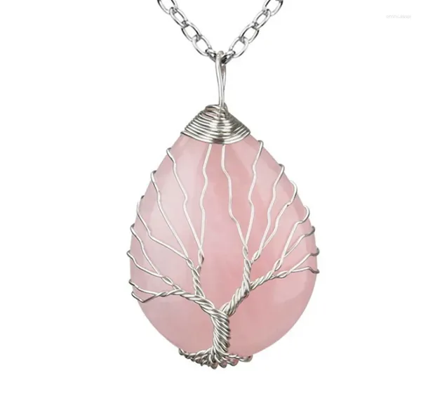 Collane con ciondolo FYJS Collana unica in argento placcato con avvolgimento di filo, goccia d'acqua, quarzo rosa, opalite, opale, collana per regalo di Natale