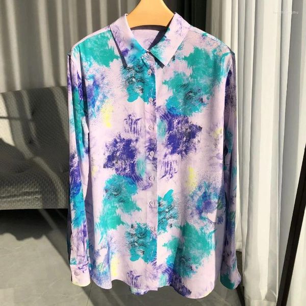 Camicette da donna Donna 2024 Camicia a maniche lunghe in seta lavata sabbia versione semplice retrò verde viola