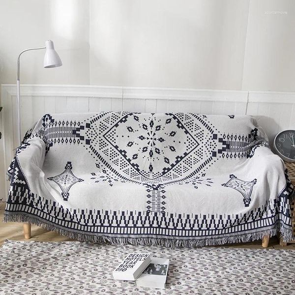 Coperte Coperta in filo decorativo da viaggio a doppio uso in cotone lavorato a maglia Plaid bianco e nero per divano letto