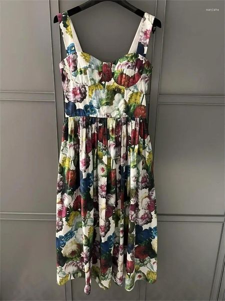 Vestidos casuais 2024 primavera de alta qualidade algodão azul vermelho branco flores impressão sem mangas mini vestido