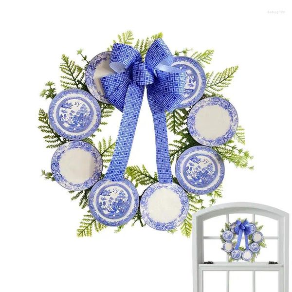 Flores decorativas grinalda de natal artificial azul arte da parede salgueiro decoração 15 polegada porta placa porcelana branca