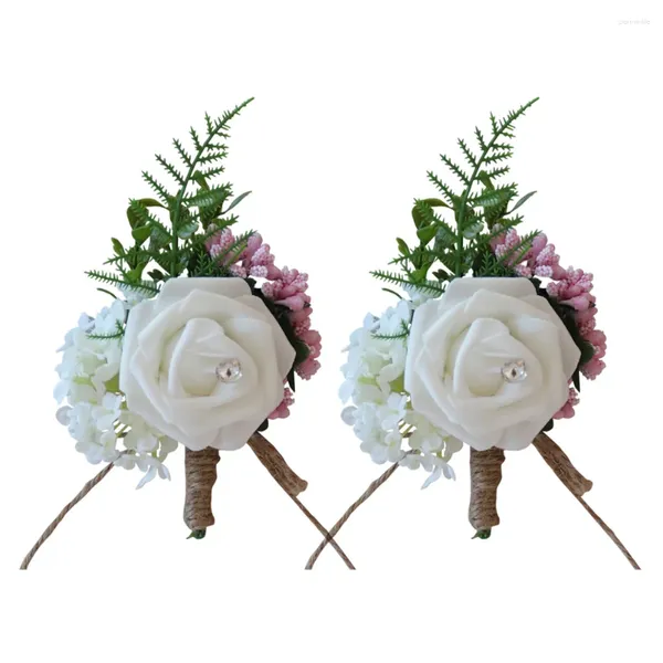 Flores decorativas 2 peças broche artificial casamento rosa boutonniere pino para noivo dama de honra decoração de reuniões de negócios (branco)
