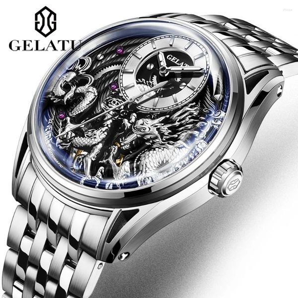 Relógios de pulso Gelatu Dragon Graved Dial Watch Automatic Mechanical for Men Steel aço impermeável relógios de reclama de recar