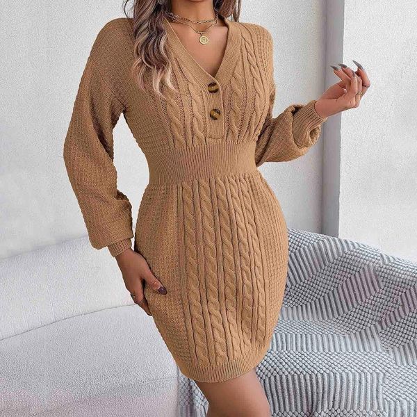 Casual Kleider Frauen Lange V-ausschnitt Taste Hohe Elastische Stricken Gestreiften Kleid Einfarbig Pullover Für Frühling Herbst 2024