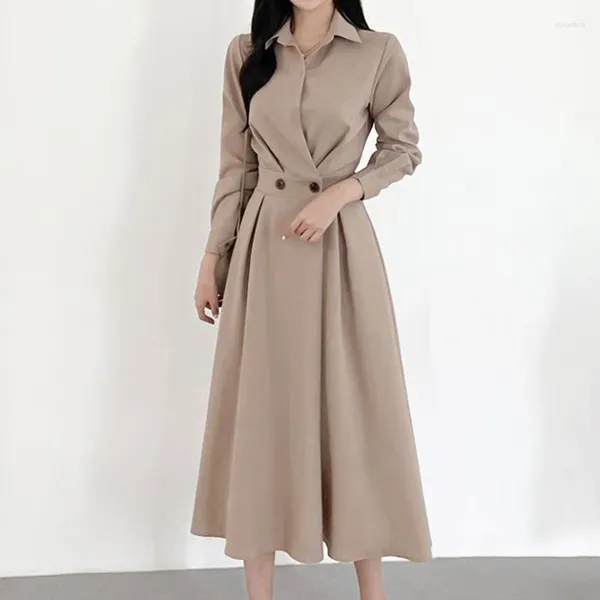 Casual Kleider Büro Dame Maxi Für Frauen Kleidung Drehen-unten Kragen Herbst Elegante Koreanische Hohe Taille Frau Kleid 2024 party Frühling Robe