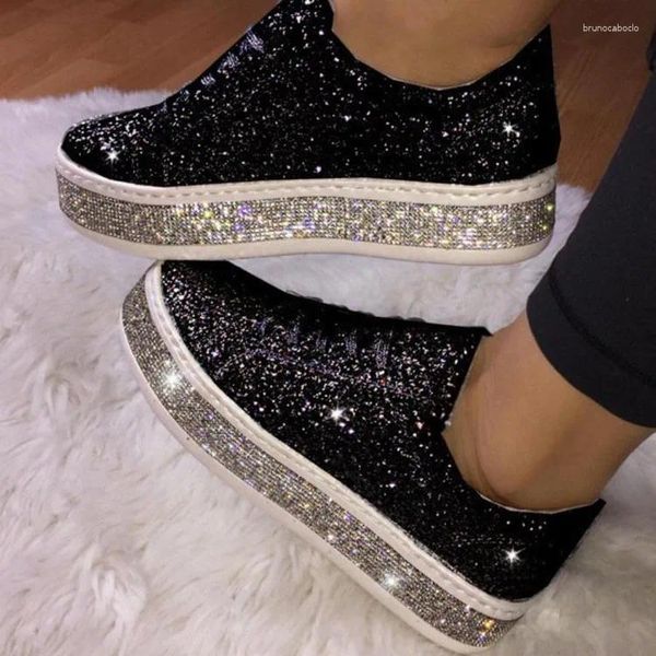 Sıradan Ayakkabı Büyük Boy Kızlar Rhinestones Kadın Gümüş Glossy Sneakers Flats Boyutları 35-43 Moda Tenis 2024