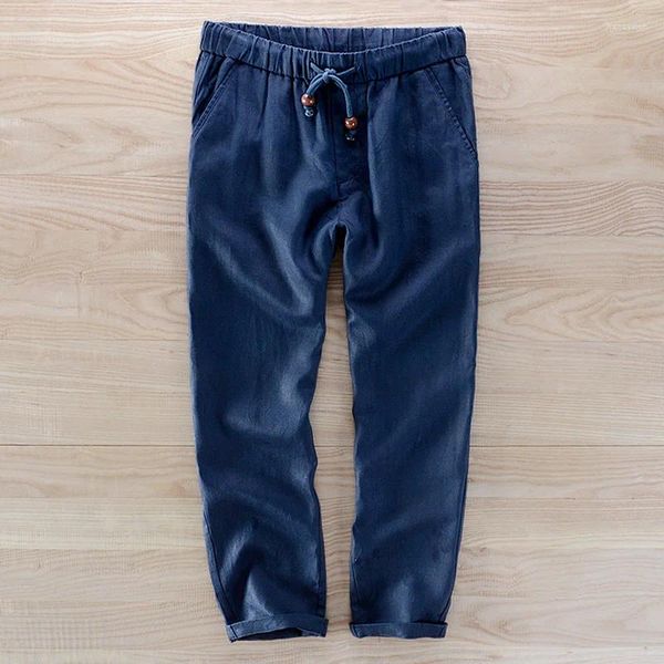 Calças masculinas estilo americano tornozelo-comprimento calças de linho homens marca moda casual puro linho solto 40 tamanho pantalon hombre