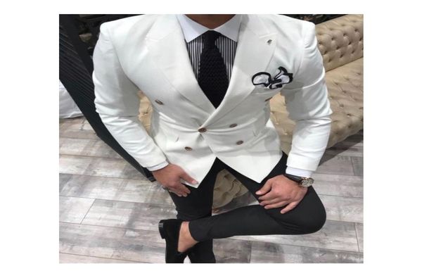 Mais novo branco noivo smoking pico lapela duplo breasted casamento ternos masculinos homem blazer jaqueta calças gravata 2521534