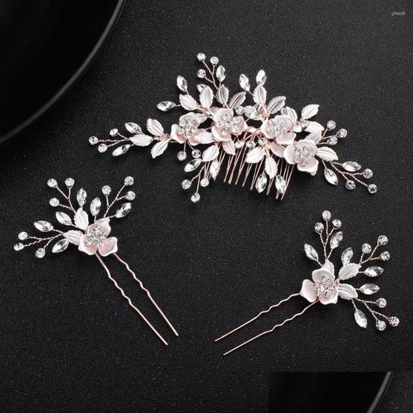 Grampos de cabelo Barrettes Rosa Cor de Ouro Floral Nupcial Pins Set Crystal Piece Acessórios Mulheres Prom Headpiece Drop Delivery Jóias Oteao