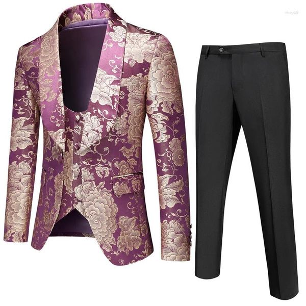 Abiti da uomo Blazer Pantaloni Gilet Uomo Abito da sposa Stampa floreale Set 3 pezzi Banchetto maschile Blazer di lusso Giacca Cappotto Pantaloni Gilet