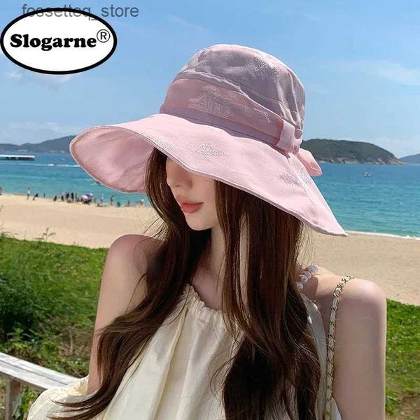 Chapéus de aba larga Chapéus de balde Spring Spring/Summer Sunset Bucket Hat Womens 2024 NOVO BIG BIM BRIM SOL CHATA FATHA FATA RIBO CHAPA DE SOL FEDORAS VISORES L240402