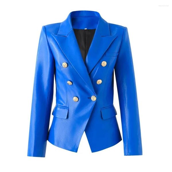 Ternos femininos roupas tendência 2024 couro do plutônio em jaquetas senhoras metal cabeça de leão fivela magro-ajuste terno preto blazer feminino