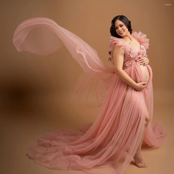 Vestidos de festa bordados flores 3d requintado gravidez poshoot vestidos de cintura alta divisão sem forro saia v pescoço boudoir vestido de maternidade
