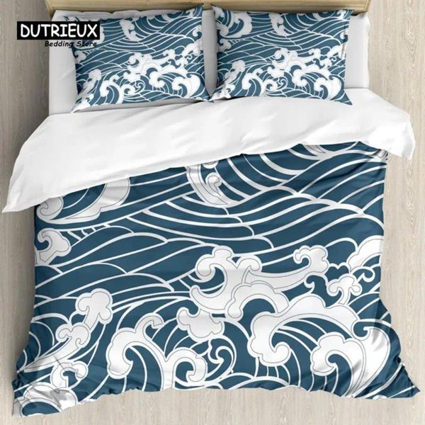 Conjuntos de cama Japonês Onda Conjunto Duveta Capa Fronha Oriental Vintage Monocromático Kanagawa Inspirado Arte Antiga Decoração de Quarto