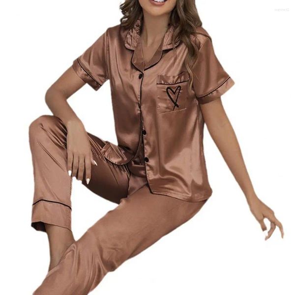 Abbigliamento da casa Set di sonno in raso Piajama estivo femminile con pantaloni da gamba larga elastica da ricamo a cuore setoso
