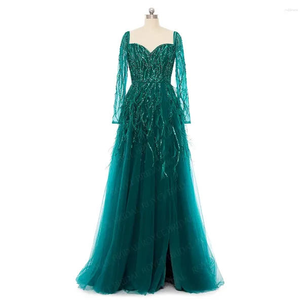 Vestidos de festa verde querida lado fenda vestido de noite ilusão manga longa pena bordado net formal cocktail baile