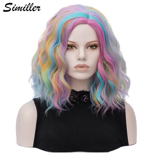 Perücken Similler Synthetischer zentraler Teil mehrfarbiger Regenbogen kurze Perücken für Frauen Hitzeresistenz Cosplay Curly Perücken