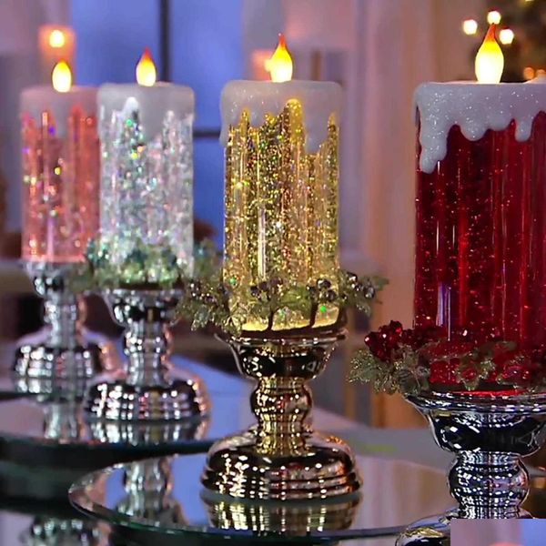 Kerzen 30 wiederaufladbare farbige elektronische LED-wasserdichte Kerze mit glitzerndem Farbwechselwasser Hogard 300 ml Navidad Drop Delivery H Dhgnt