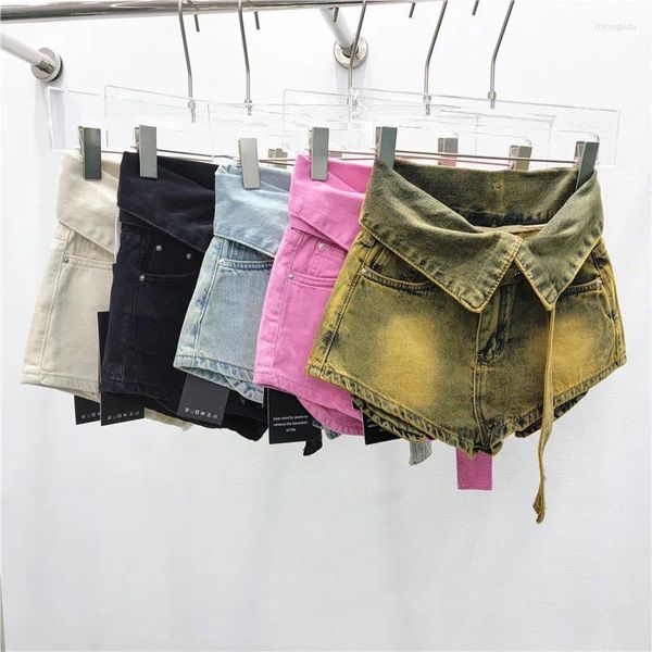 Damen-Shorts, Jeans, modischer Taillengürtel mit Bündchen und freiliegenden Taschen, lockere, superhohe Taille, weites Bein, Sommer, sexy