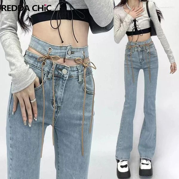 Женские джинсы REDDACHiC Acubi, женские расклешенные повязки Y2k, синие летние брюки, брюки с двойной высокой талией, корейская стильная женская одежда