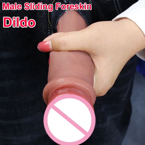 Brinquedos Polegada Deslizante Prepúcio Realista com Ventosa Vibrador Masturbador Feminino Mover Pele Grande Pau Brinquedos Sexuais Estimulação Anal Melhor qualidade