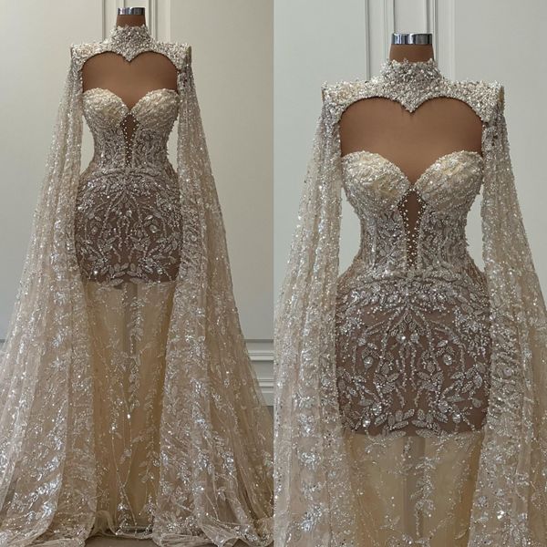 Helles Champagner-Chart-Meerjungfrau-Hochzeitskleid Saudi-arabisches Perlen-Spitze-Hochzeitskleid mit Stehkragen und langen Puffärmeln, luxuriöse Dubai-Brautkleider