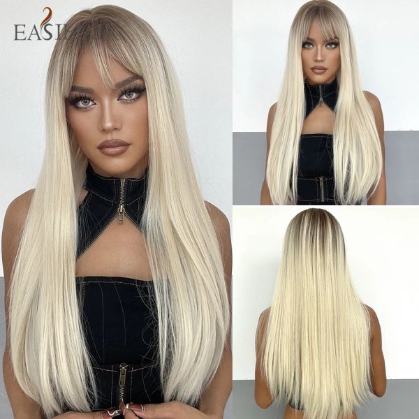 Perucas easihair longas perucas sintéticas retas com bang de platina leve loira pêlos naturais para mulheres diariamente resistente ao calor de cosplay