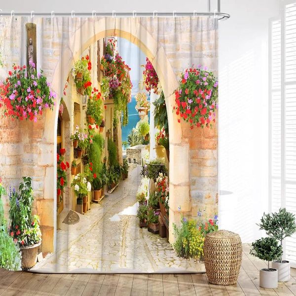 Cortinas de chuveiro cortina cênica itália europa cidade rua jardim vegetação flor pedra casa paisagem impressão casa decoração do banheiro