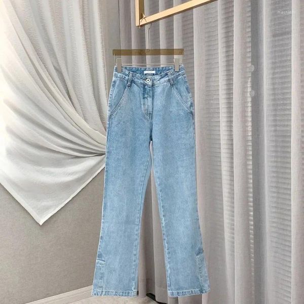 Jeans femininos de cintura alta com fenda lateral calças completas para mulheres