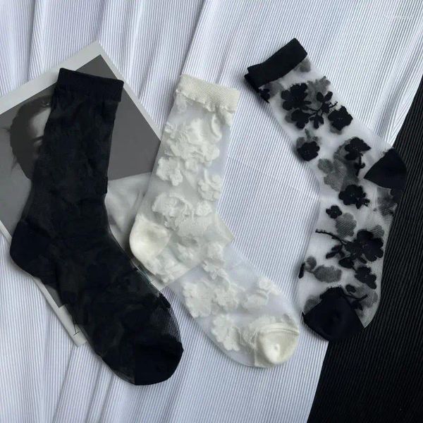 Женские носки для женщин, ультратонкие шикарные прозрачные дышащие черно-белые цветы и растения, летние прозрачные шелковые носки с кристаллами