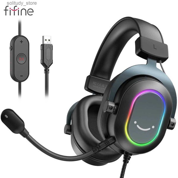 Cep Telefonu Kulaklıklar Fifine Dinamik RGB Oyun Kulaklığı Kulak Kulaklıkları Üzerindeki Mikrofon 7.1 Surround Sound PC 3 EQ Seçenekleri Oyun Film Müziği Q240402