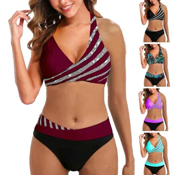 Носить пляжное бикини, установите 2 шт -шт/установку шикарные контрастные цвета быстрый сушка для серфинга Женщины летние купальные спортивные одежды