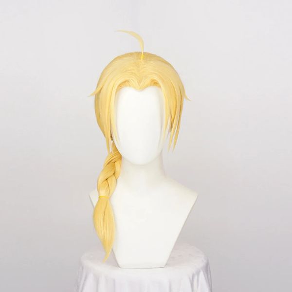 Peruk sentetik saç fullmetal simyacı Edward Elric 55cm uzunluğunda örgülü cosplay peruk ısıya dayanıklı altın tarzı peruklar + bir peruk kapağı
